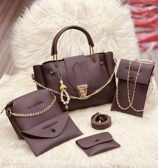 5Pcs Women’s Pu Leather Plain Long Strap Hand Bag Wallet Set